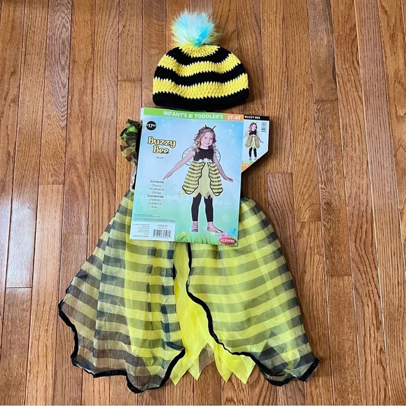 Halloween BEE Dress Costume Toddler Yellow Black Floral Striped Hat Beanie T3/T4 - Picture 10 of 16
